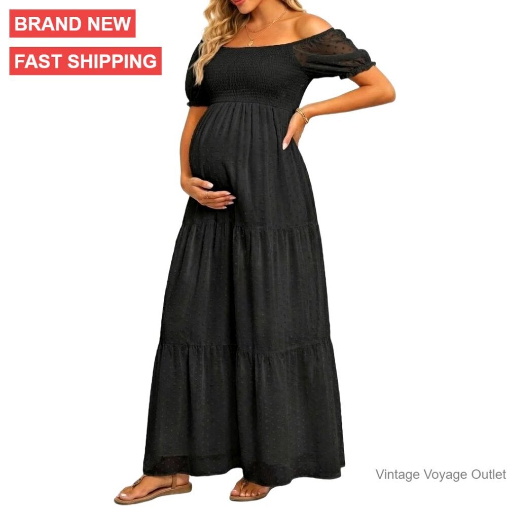 Maternity Maxi Dress Off Shoulder Smocked Bust Puff Sleeve Swiss Dot